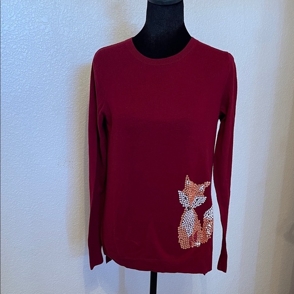 The Limited Tops - The Limited Burgundy Crewneck Sweater with Beaded Fox Accent